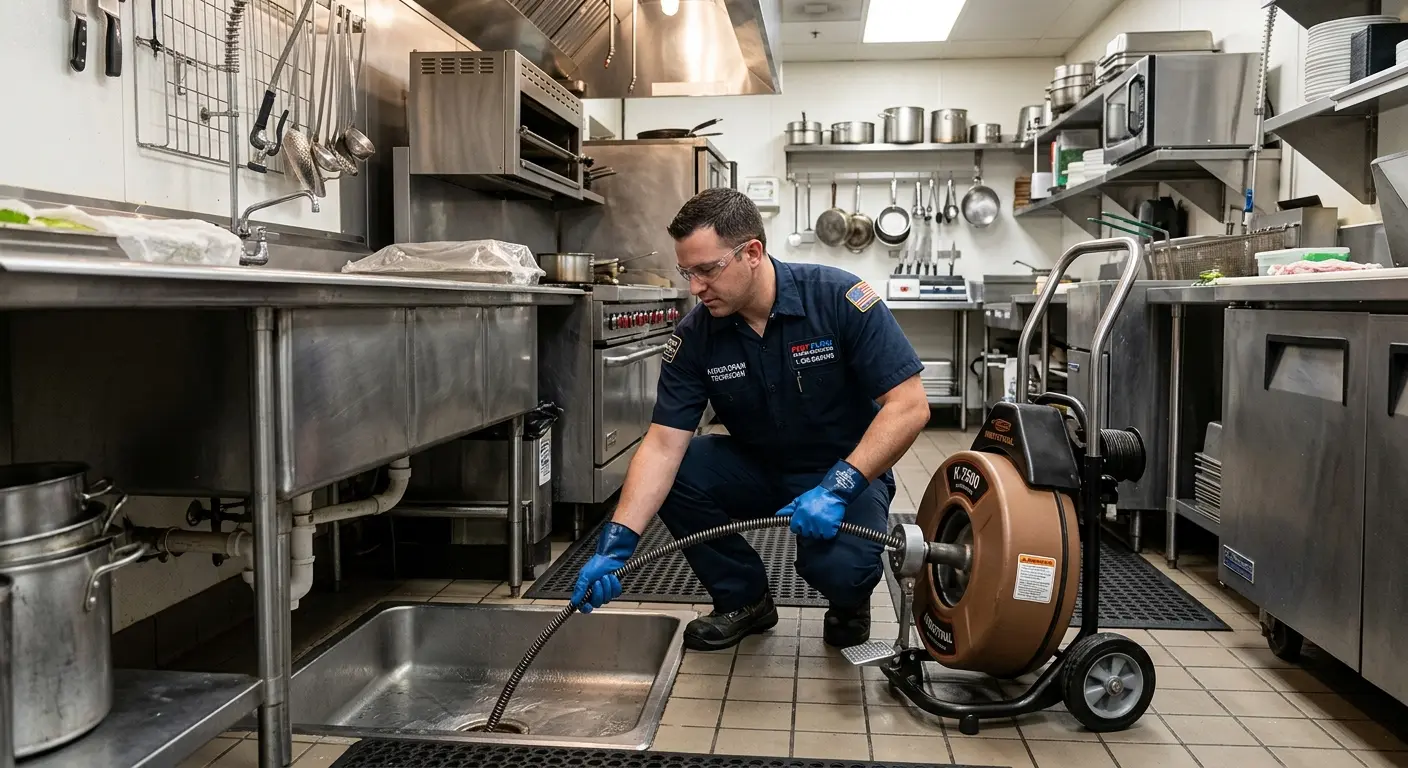 Commercial drain cleaning service in a restaurant kitchen in Mexico