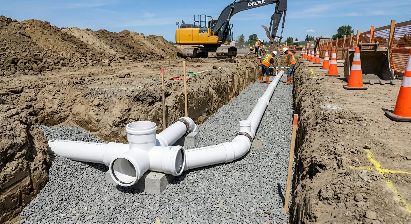 New PVC sewer pipe installation in open trench for Sewer Camera Inspection in Mexico