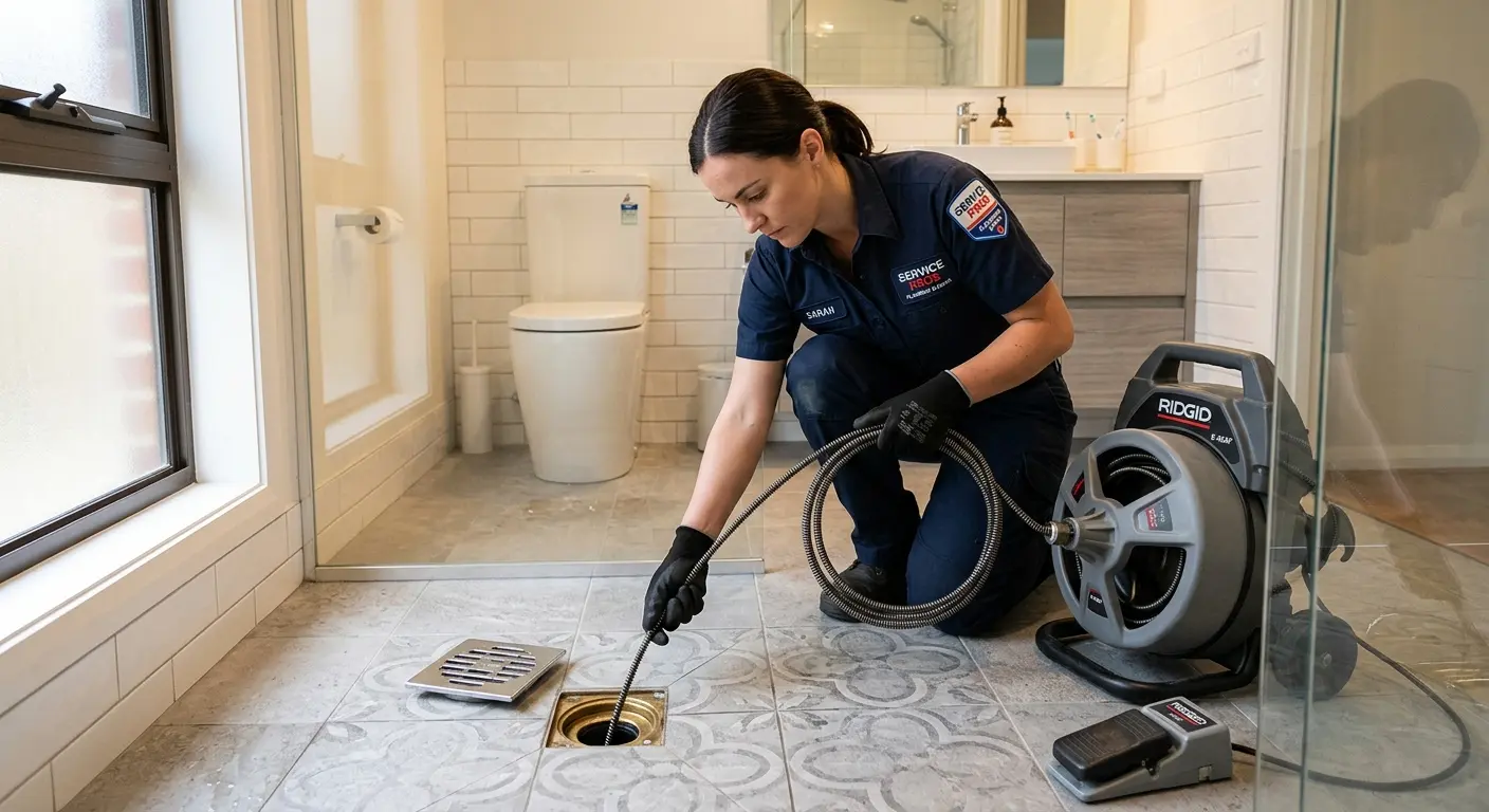 Technician clearing a bathroom floor drain for Sewer Line Installation in Mexico